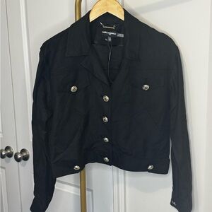 NWT Karl Lagerfeld Black Linen Blend Jacket with Silver Buttons